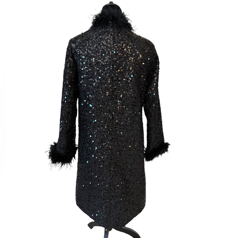 Black Sequin Faux Fur Long Jacket - Picture 7 of 10